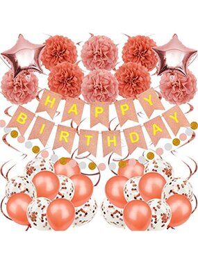 Rose Gold Birthday Party Decorations Kit Banner Balloons Pom Poms Swirl Set